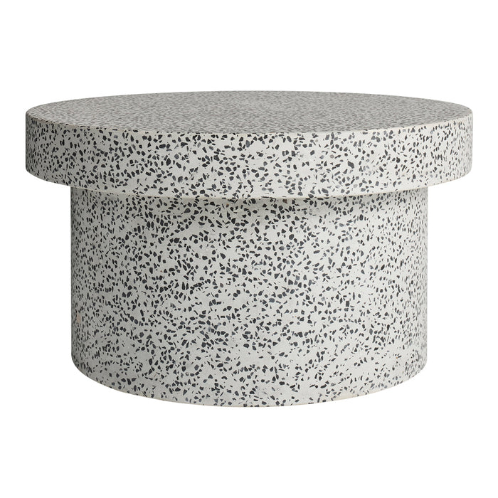 Gray speckled round coffee table with a smooth top and cylindrical base, featuring a minimalist design.