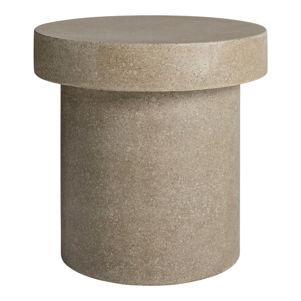 Beige circular stone side table with a smooth finish and subtle texture, ideal for modern decor.