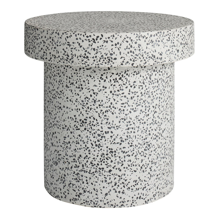 Gray speckled terrazzo side table with a round top and cylindrical base, perfect for modern decor.