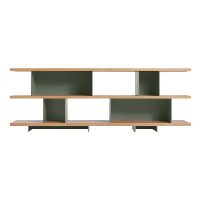 Green and wooden open shelving unit with a modern design featuring smooth lines and geometric patterns.