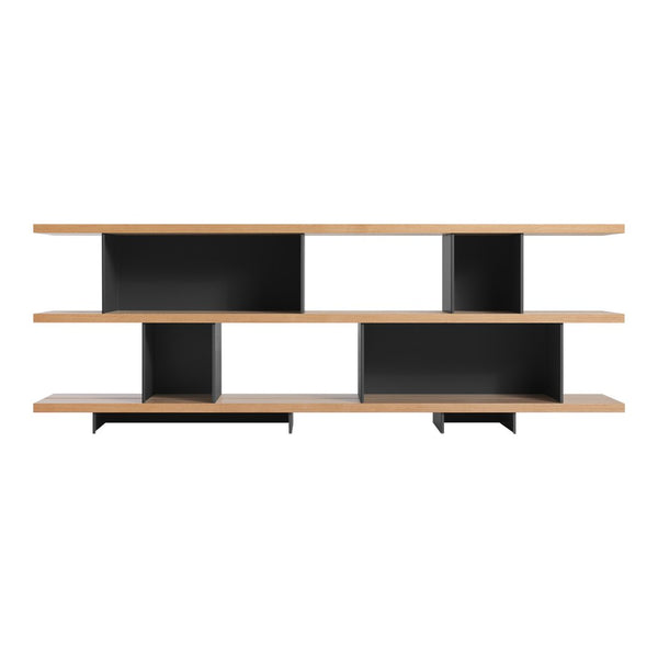 Stylish black and natural wood open shelving unit with modern geometric patterns. Ideal for contemporary spaces.