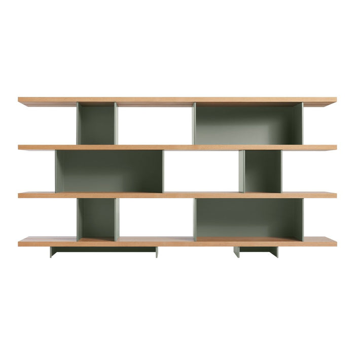 Modern bookshelf with a green finish and light wood accents, featuring geometric open shelving design.