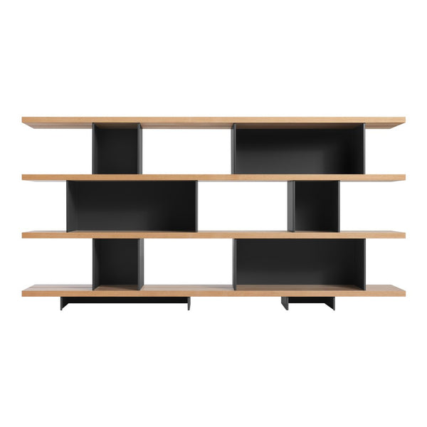 Modern black and wood geometric shelving unit with open and closed compartments, featuring a sleek design.