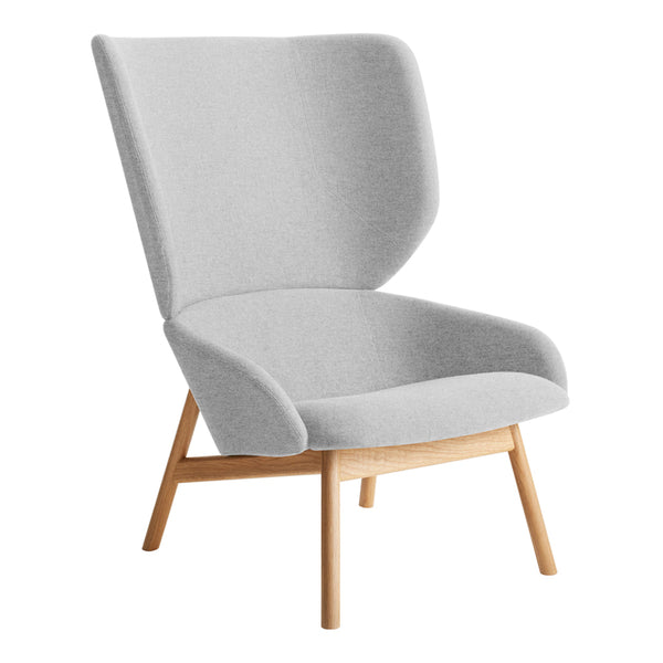 Light gray upholstered chair with a minimalist design and wooden legs, featuring a curved high back and sleek lines.