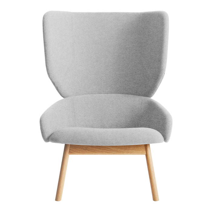 Light gray upholstered chair with a smooth, minimalist design and natural wood legs. Ideal for modern decor.