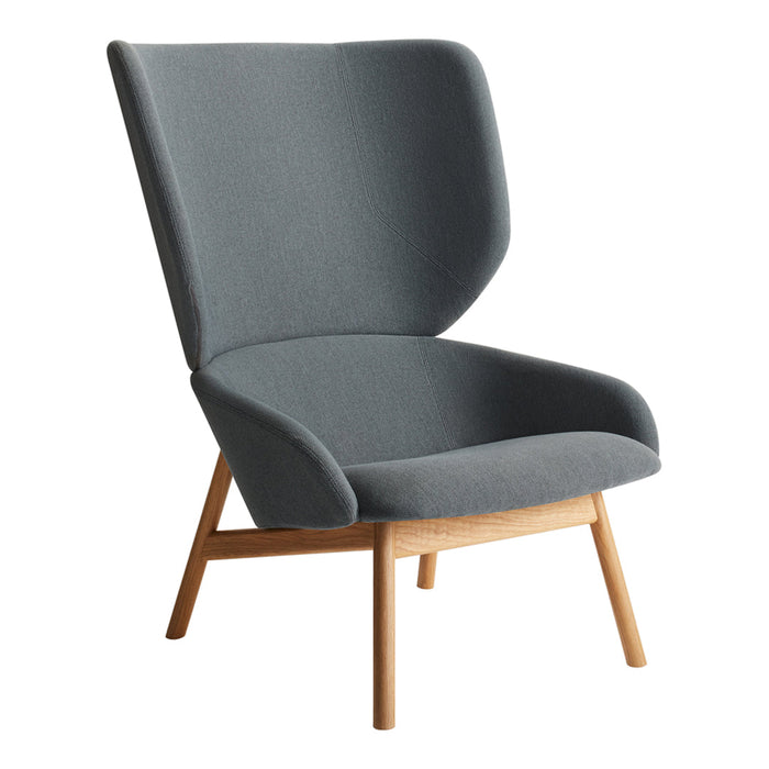 Gray fabric armchair with a modern silhouette and natural wood legs, featuring a smooth, minimalist design.