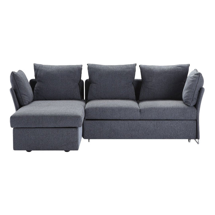 Gray fabric sectional sofa with plush cushions and clean lines, featuring a textured pattern for added depth.