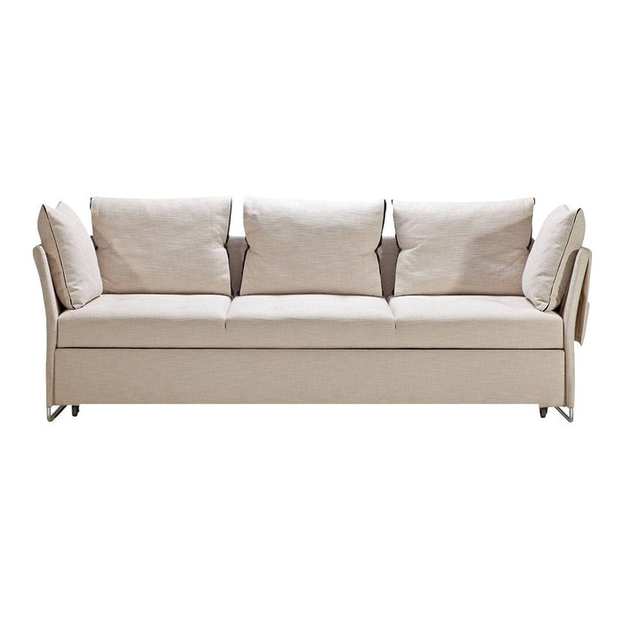 Beige fabric sofa with three plush cushions and sleek, minimalistic design. Perfect for modern living spaces.