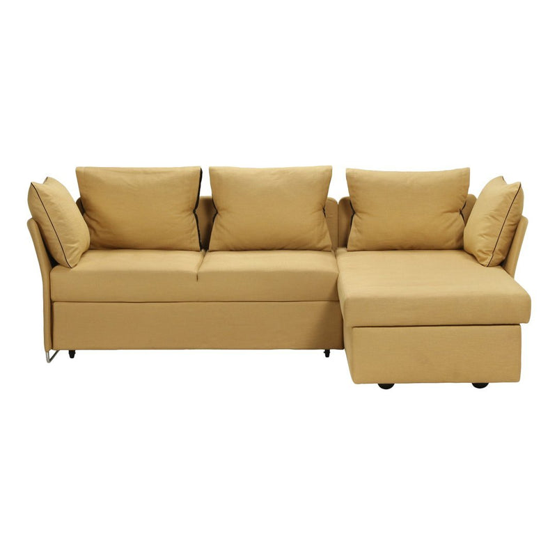 "Modern yellow sofa with plush cushions and a stylish chaise lounge, featuring a sleek, minimalist design."