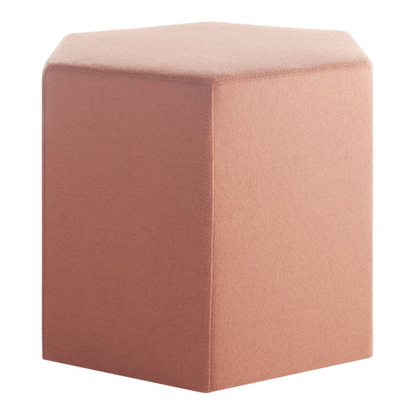 Hexagon-shaped ottoman in a soft peach color with a smooth, minimalist design. Perfect for modern decor.