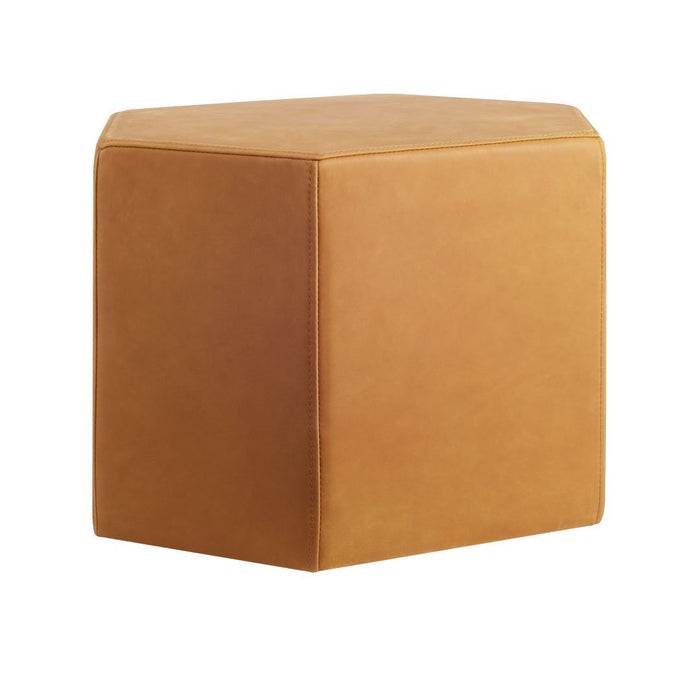 Hexagonal ottoman in warm tan faux leather, featuring a smooth, minimalist design.