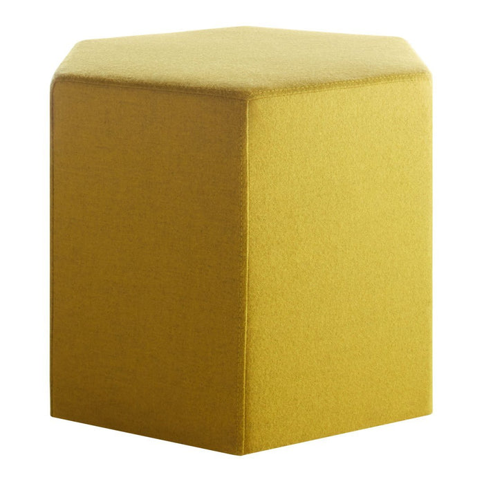 Hexagonal stool in a vibrant yellow hue with a smooth, textured surface. Perfect for modern decor.