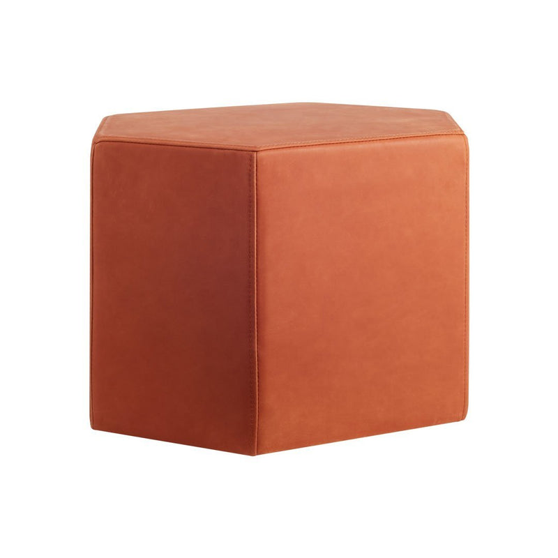 Rust orange hexagonal pouf with a smooth, solid fabric surface, perfect for modern decor.