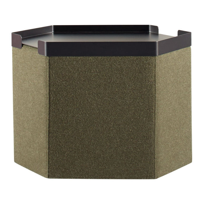 Hexagonal storage container in olive green fabric with dark brown accents and a smooth black lid.