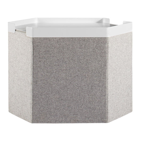 Hexagonal storage bin featuring a grey fabric exterior and a glossy white lid, with a simple, modern design.