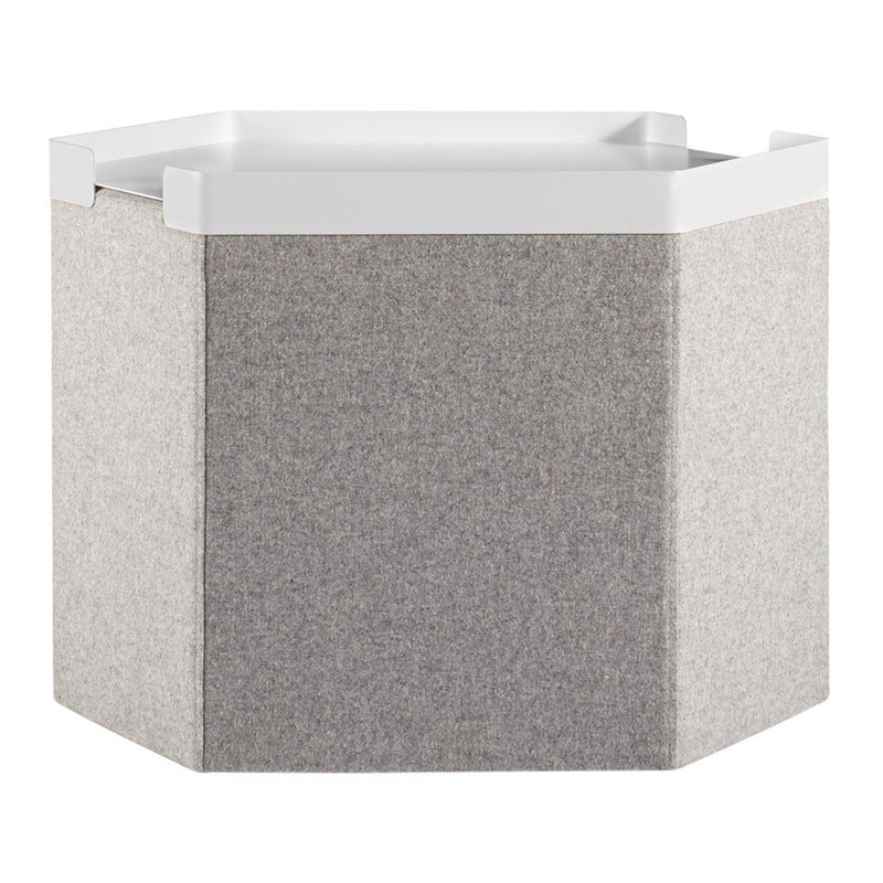 Hexagonal storage bin featuring a grey fabric exterior and a glossy white lid, with a simple, modern design.