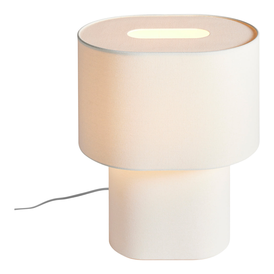 Modern white lamp with a cylindrical base and circular shade, featuring a clean, minimalistic design.