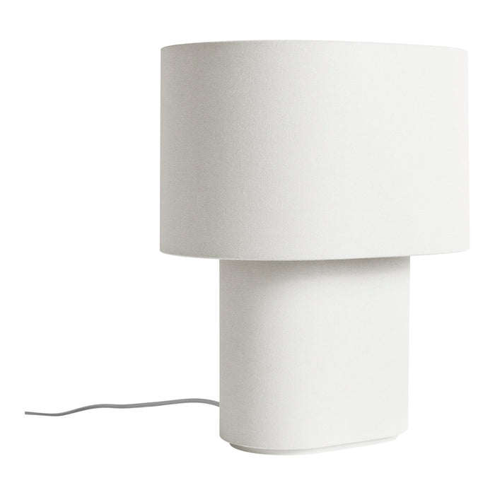 Minimalist white lamp with a cylindrical base and rounded shade, featuring a smooth fabric texture.