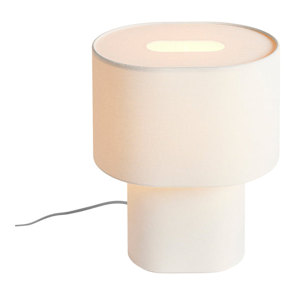 Modern white table lamp with a smooth cylindrical base and round shade, featuring a soft, minimalist design.