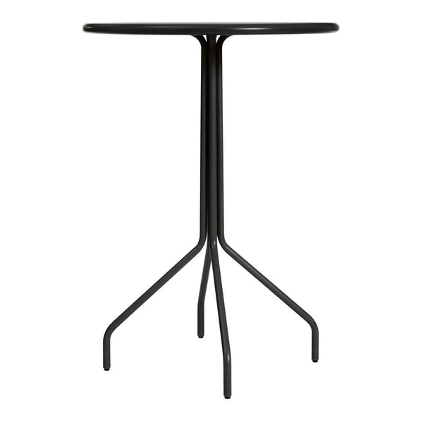 Minimalist black round table with sleek lines and a three-legged base, perfect for modern decor.