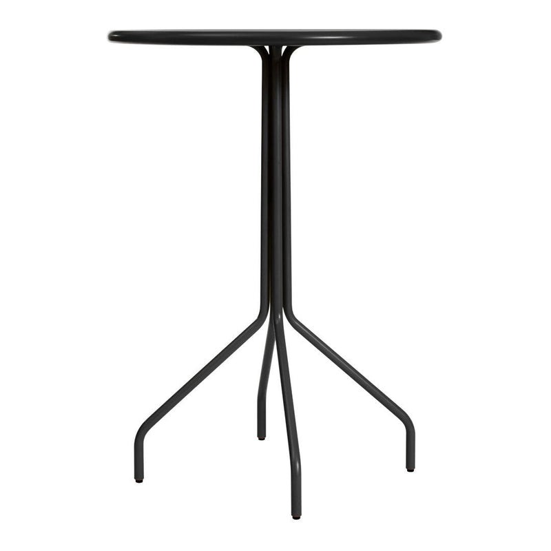 Minimalist black round table with sleek lines and a three-legged base, perfect for modern decor.