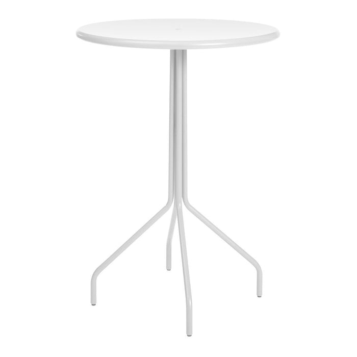 White round table with a minimalistic design and sleek three-legged base. Perfect for modern decor.