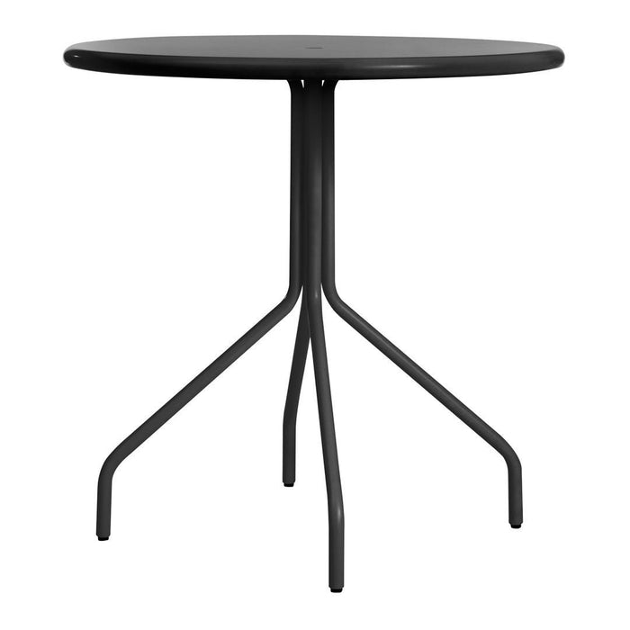 Round black metal table with a sleek, minimalist design and tripod legs, perfect for modern decor.