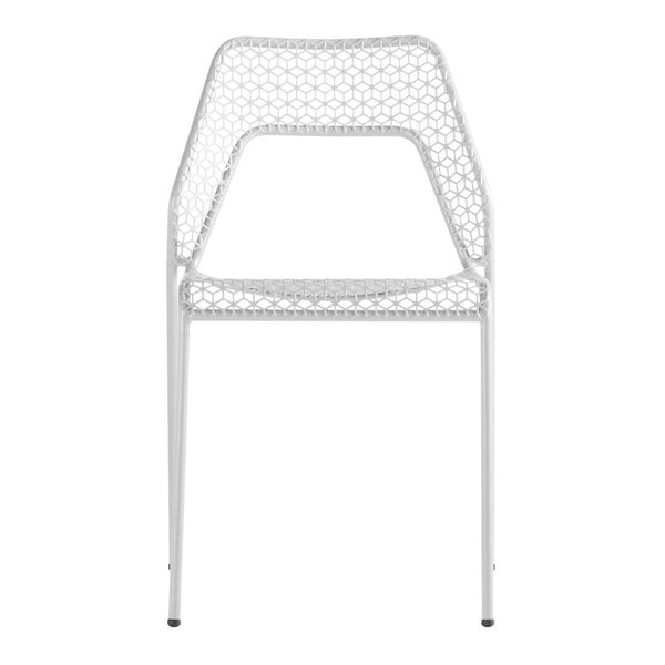 White geometric patterned chair with a modern design, featuring an open woven back and sleek legs.
