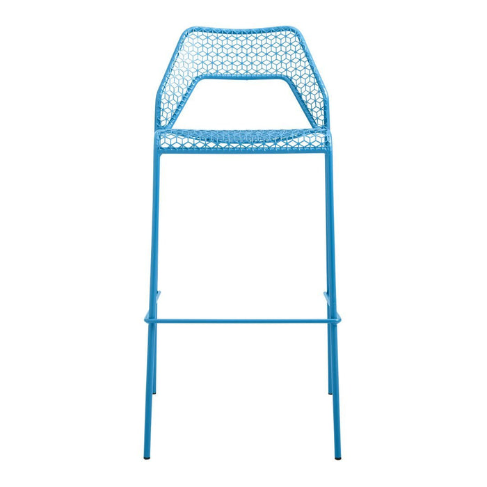 Blue bar stool with an intricate perforated pattern, perfect for modern and stylish interiors.