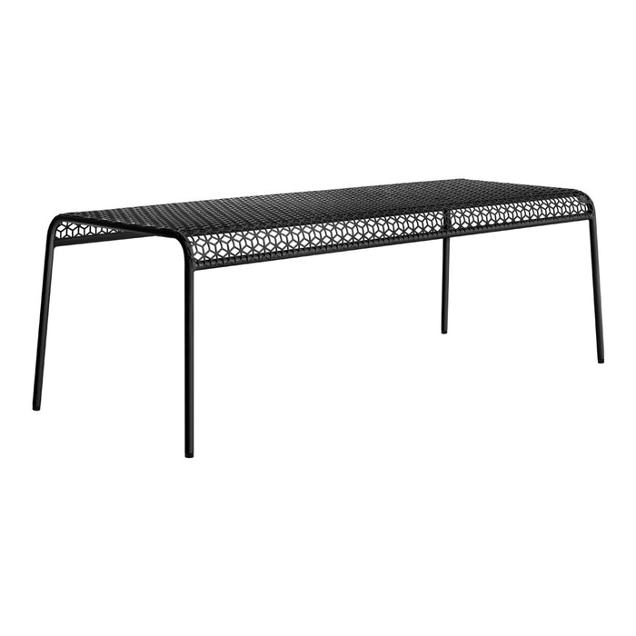 Black metal table with striped top and intricate perforated pattern. Sleek and modern design for outdoor spaces.