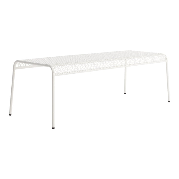 White metal outdoor table with a perforated pattern for a modern, airy look. Perfect for patio or garden settings.