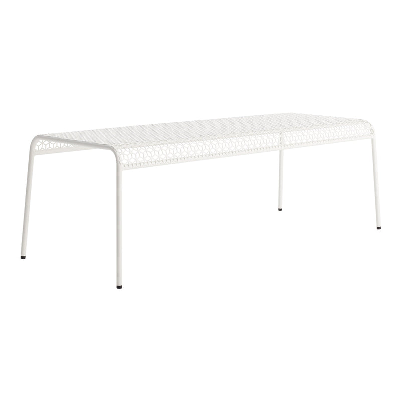 White metal outdoor table with a perforated pattern for a modern, airy look. Perfect for patio or garden settings.