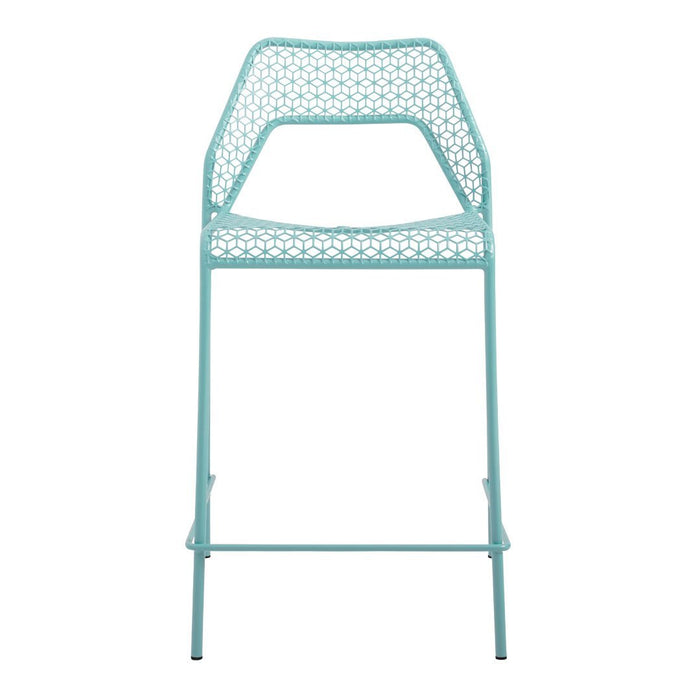 Aqua blue bar chair with a geometric mesh pattern and sleek, modern design. Ideal for stylish indoor or outdoor spaces.