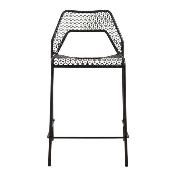 Black metal bar stool with a geometric woven pattern in the seat and backrest for modern decor.