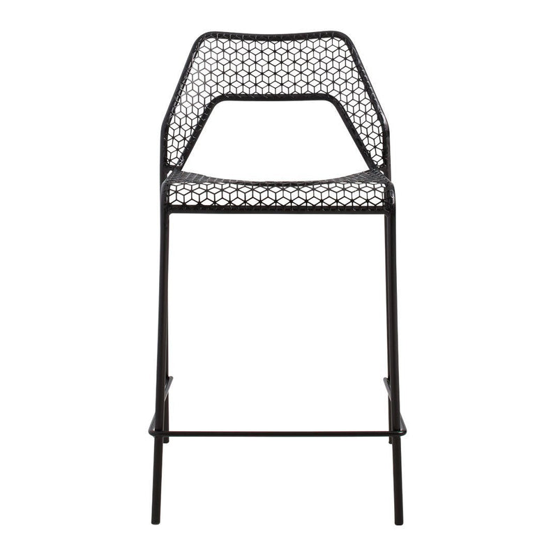 Black metal bar stool with a geometric woven pattern in the seat and backrest for modern decor.