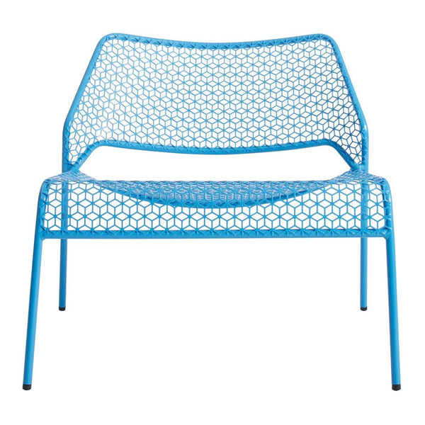 Bright blue metal chair with a geometric honeycomb pattern, ideal for modern decor.
