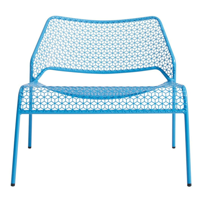 Bright blue metal chair with a geometric honeycomb pattern, ideal for modern decor.