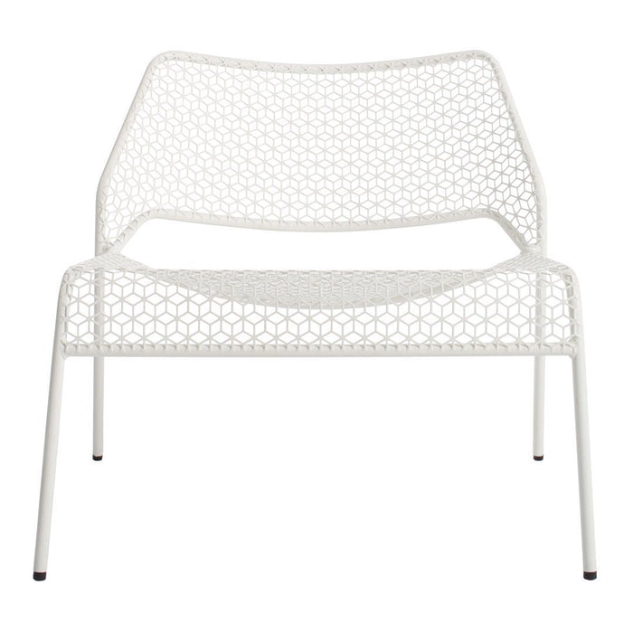 White woven lounge chair with a geometric pattern and sleek, minimalist design, perfect for modern decor.