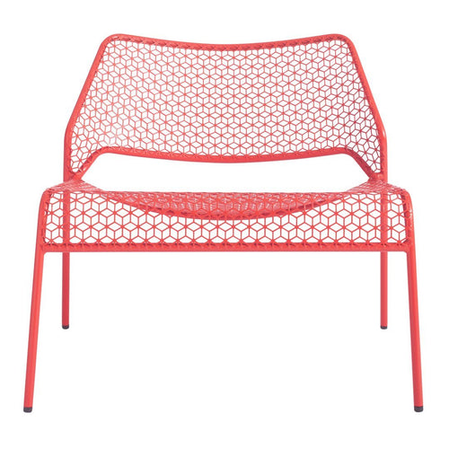 Bright red patio chair with a geometric honeycomb pattern and open weave design. Perfect for stylish outdoor decor.
