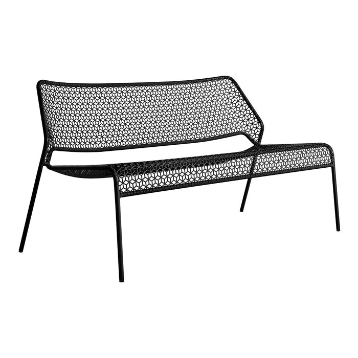 Black metal bench with a geometric perforated pattern, combining modern design and stylish elegance.