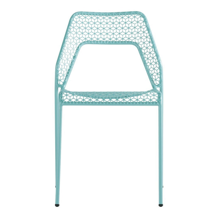 Aqua blue chair with a geometric cut-out pattern, perfect for modern decor. Lightweight and stylish design.