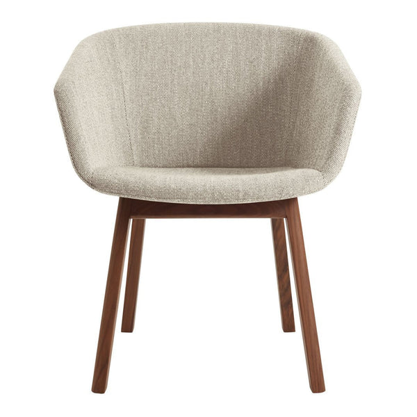 Light beige upholstered chair with a textured pattern, supported by dark wooden legs. Perfect for modern decor.