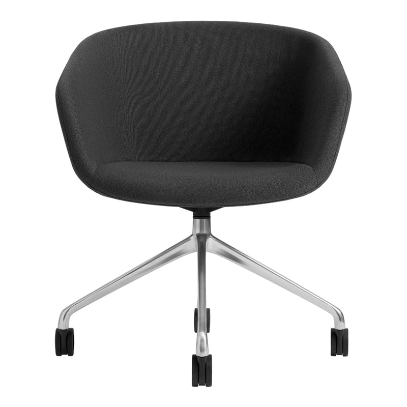 Black textured chair with a modern design and a chrome swivel base. Perfect for stylish office decor.