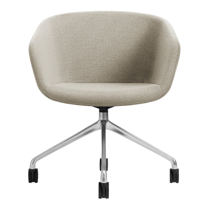 Beige upholstered chair with a smooth texture and sleek metal base, ideal for modern office or home decor.