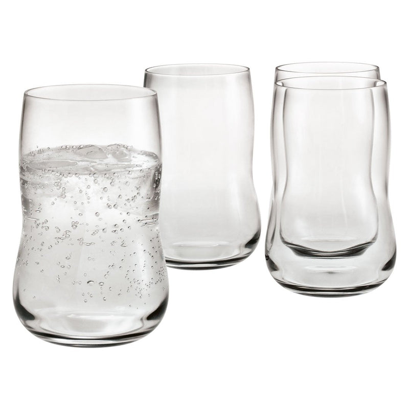 Set of four clear, curved drinking glasses showcasing smooth, transparent design with no patterns or colors.