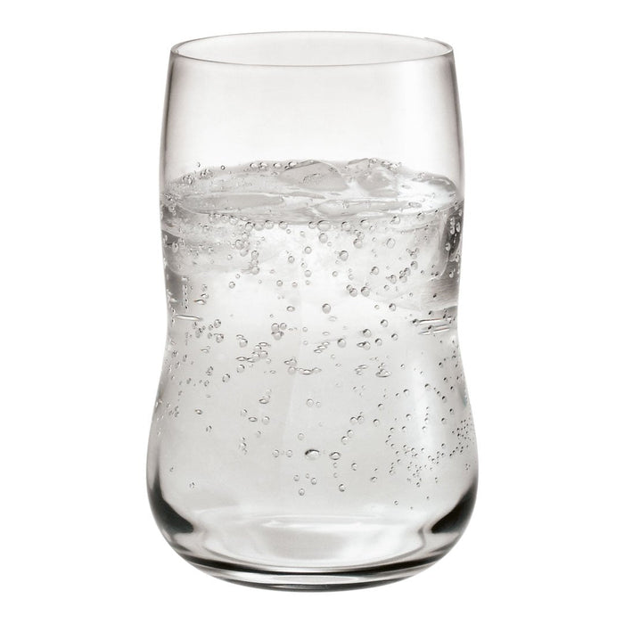 Clear glass tumbler filled with sparkling water, showcasing bubbles and a smooth, curved silhouette.