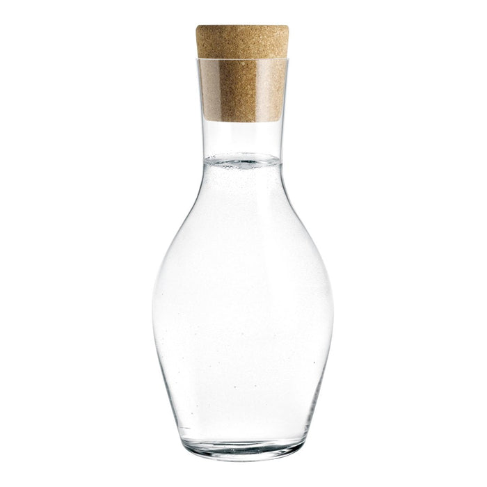 Clear glass carafe with a natural cork stopper, featuring a sleek, curvy shape. Perfect for elegant serving.