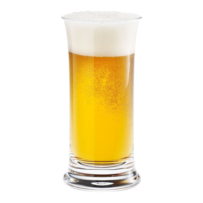 Golden amber beer with a frothy white head, showcasing bubbles and a sleek glass design. Perfect for beverage lovers.
