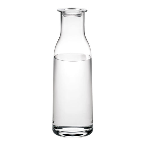 Clear glass water carafe with a smooth, sleek design, featuring a simple and elegant silhouette.