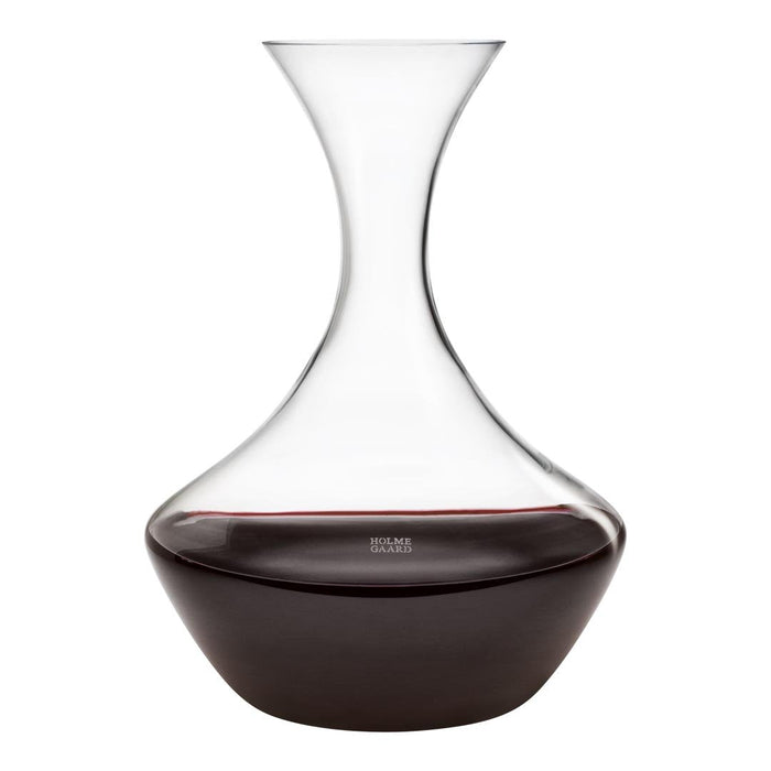 Clear glass wine decanter with a smooth, curvy silhouette and a subtle dark red base. Ideal for elegant dining.